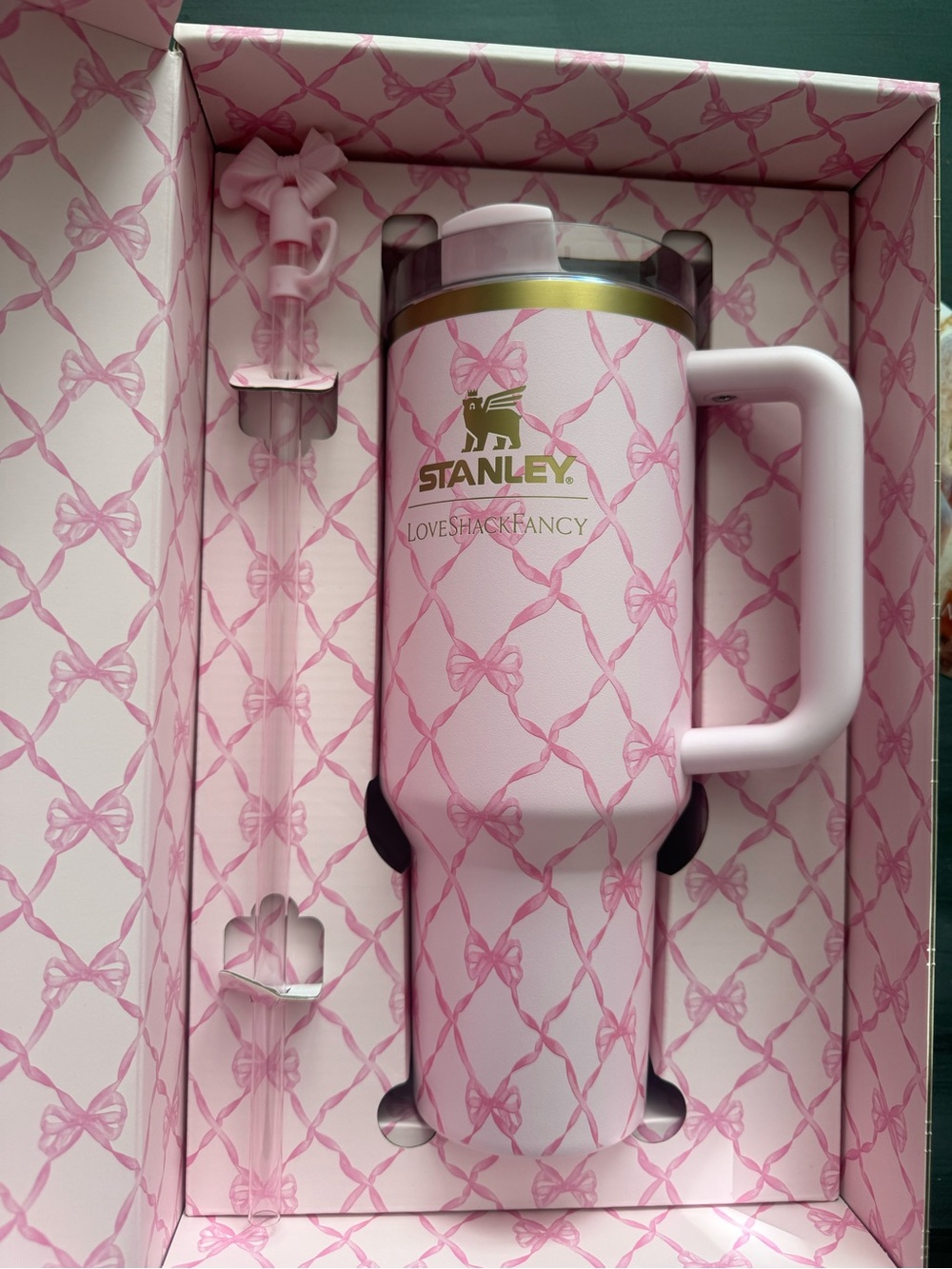 Stanley Pink Bow Pattern Travel Mug with Handle